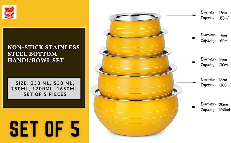 Handi Set Stainless Steel Bottom Handi Set/Cookware Set of 5 Pieces Without lid Cooking Serving Bowl biryani Milk Pot pan Size: