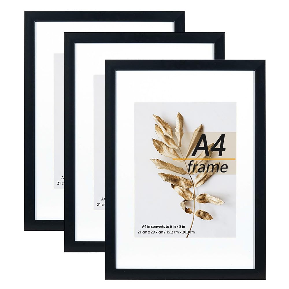 Hogaryo A4 Picture Frame Black 3 Pcs set can Display 6x8 Picture with Mat or A4 Without Mat on the Wall