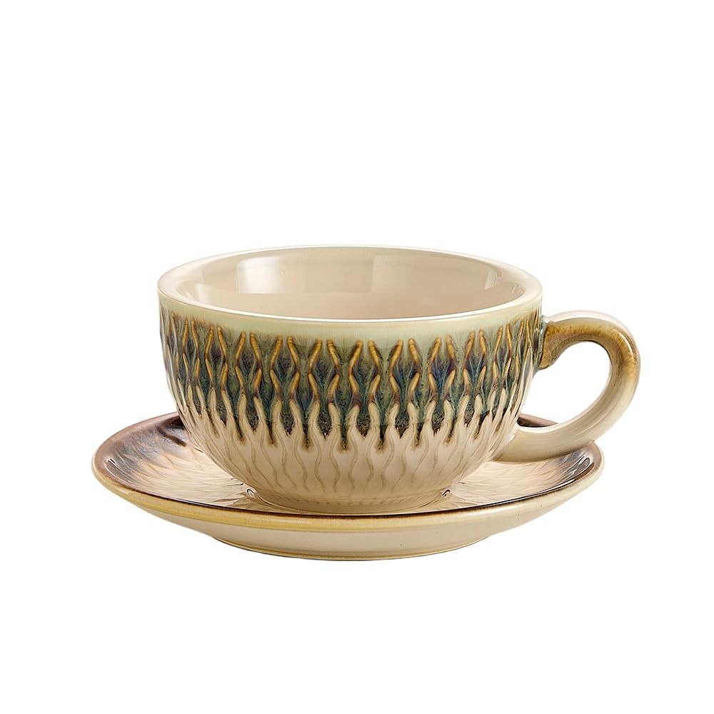 Coffeezone Vintage Design 12 oz Ceramic Latte Art Cappuccino Barista Cup with Saucer (Embossed Vintage)