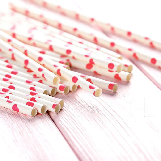 Biodegradable Red Hearts Paper Straws - Love Valentines Day Cake Pop Sticks For Weddings, Birthdays, Anniversaries, Holiday Cele