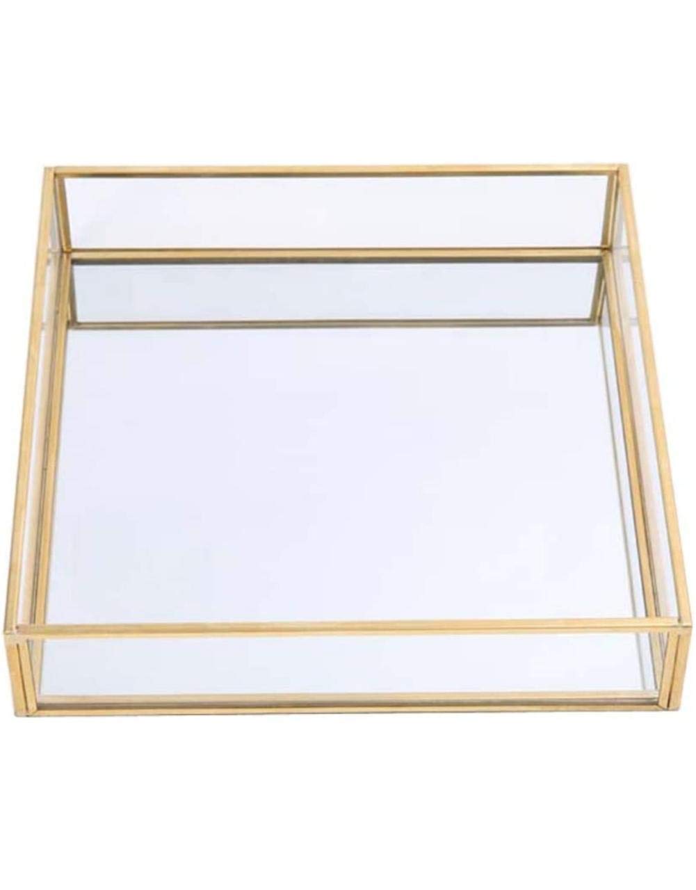 Ruhi Collections Square Glass with Brass Rim Mirror Base Vanity Tray for Home Decor Jewellery Organiser, Small, Gold