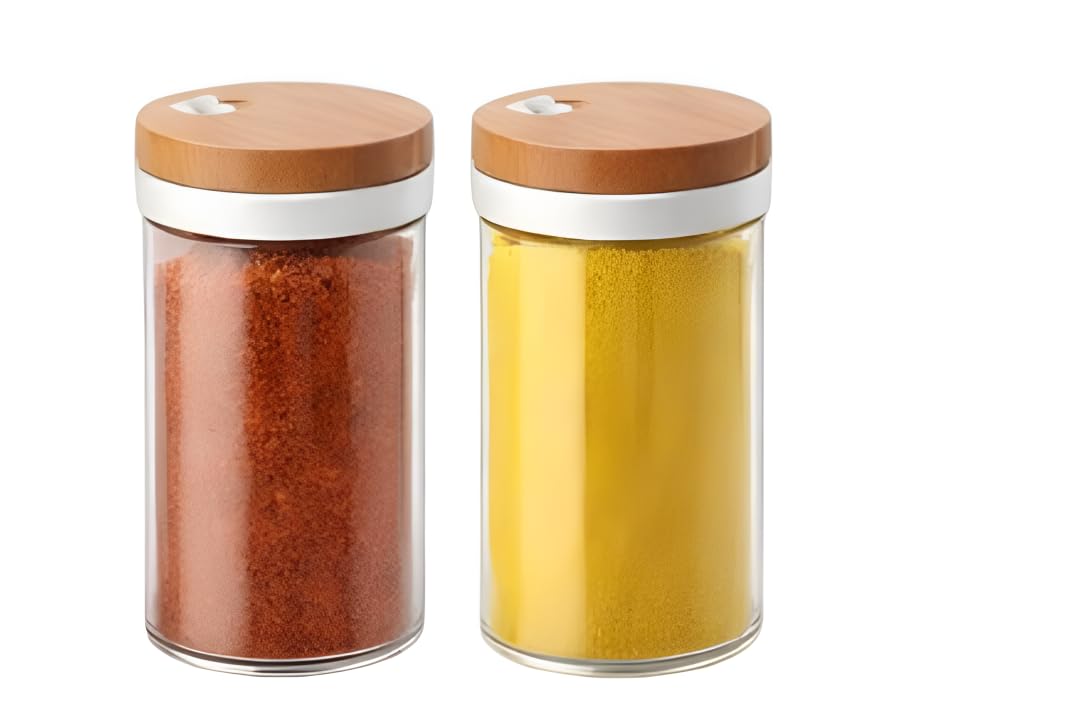 Komrek Spice Jar Set With Wooden Lid And Shaker Holes, Transparent Containers For Kitchen Storage (Pack Of 2)