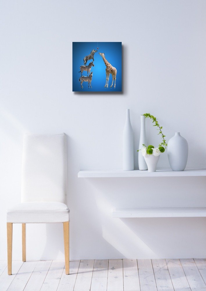 Three Zebras Standing Together To Be Taller Than A Giraffe Teamwork Unity Concept Image Art - Canvas Art Wall Art - 12'' X 12''