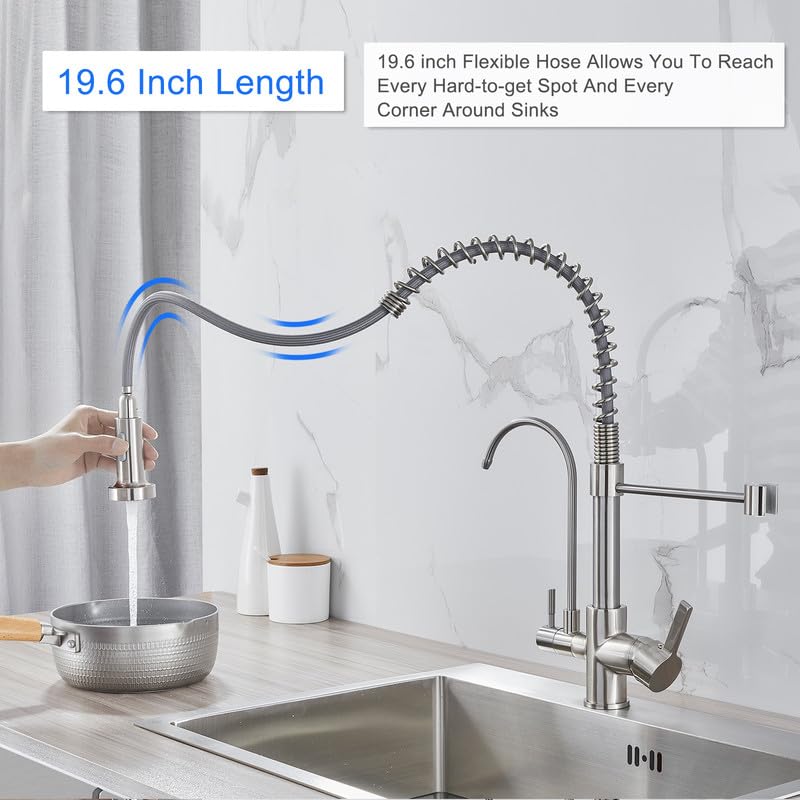 MENATT Purifier Kitchen Faucet  Commercial 3 in 1 Spring Drinking Water Faucet  Pull Down Water Filter Kitchen Sink Faucets (Brushed Nickel)