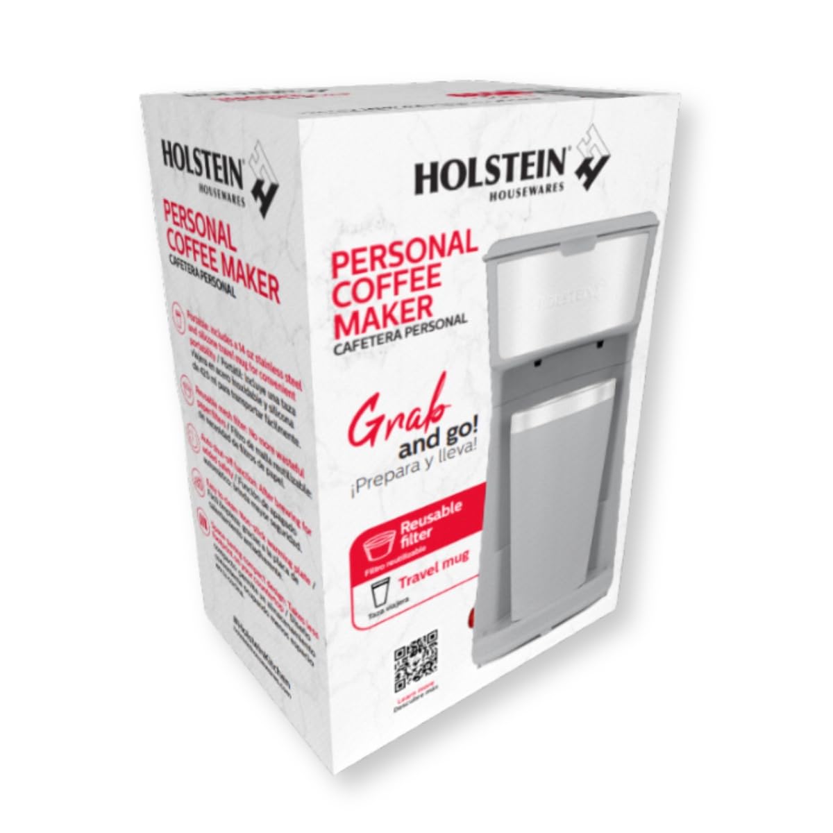 Holstein Housewares Single Serve Coffee Maker, 14oz Personal Brewer with Reusable Filter, One Touch Operation, Grey