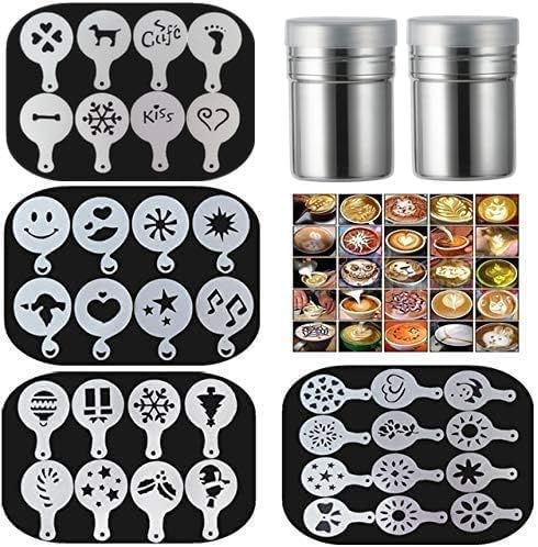36 Coffee Decorating Stencils + 2 Stainless Steel Mesh Powder Shaker, Magnoloran Foam Latte Art Stencils Barista Templates For D
