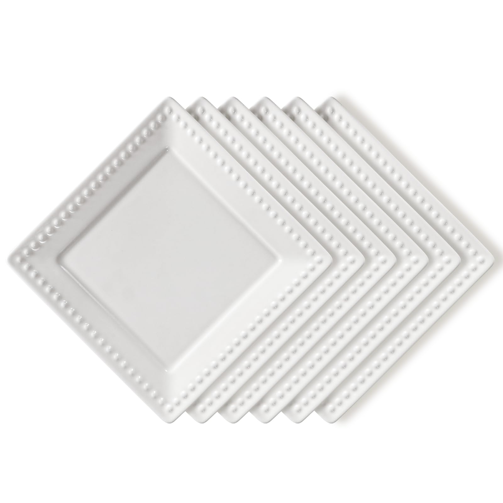 Wareland Appetizer Plates, Embossed Ceramic Dessert Plates, Salad Plates Set Of 6, 6 Inch White Square Dinner Plates For Snack,