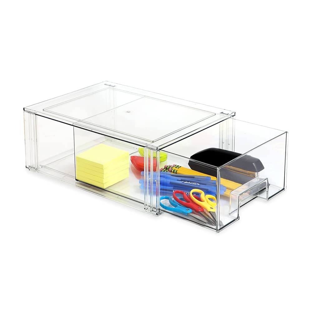Isaac Jacobs Stackable Organizer Drawer Set (1 Medium, 1 Large), Clear Plastic Storage Boxes, Pull-Out Bins, Home, Office, Close