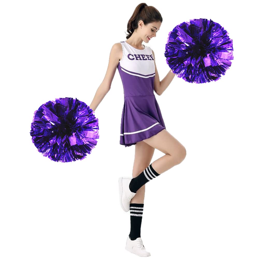 PUZINE 4 Pack 13'' Cheerleading Metallic Foil & Plastic Ring Pom Poms(Purple)
