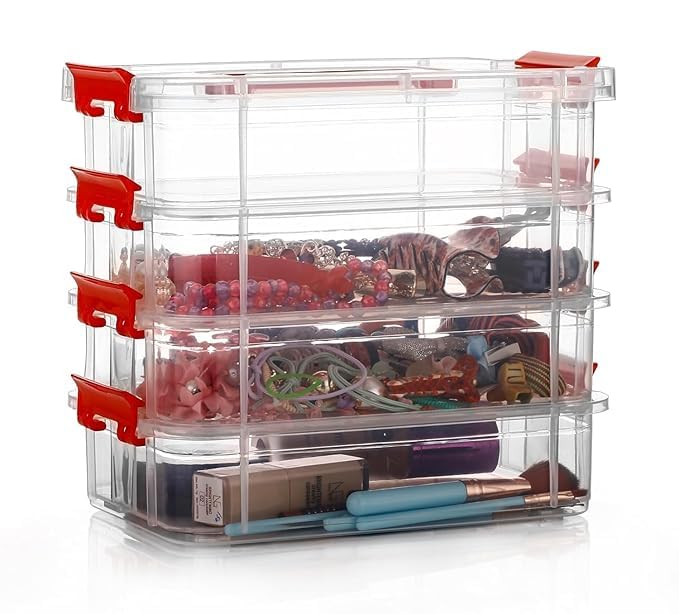 Copelle 4 Layer Plastic Storage Containers, Multipurpose Clear Stack & Carry Box, Portable Craft Organizers, And Storage Bin For