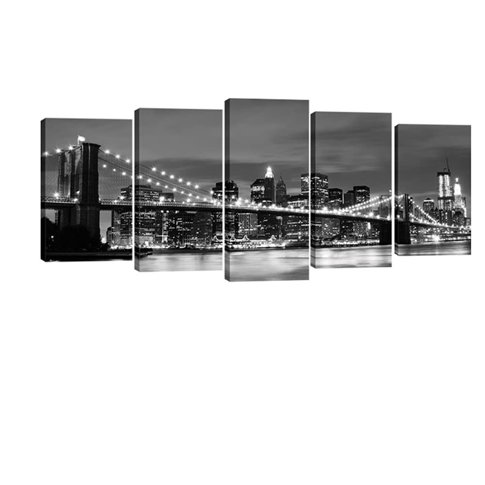 Wieco Art New York Brooklyn Bridge Canvas Wall Art Night View 5 Panels Modern Landscape Artwork Canvas Prints Abstract Pictures