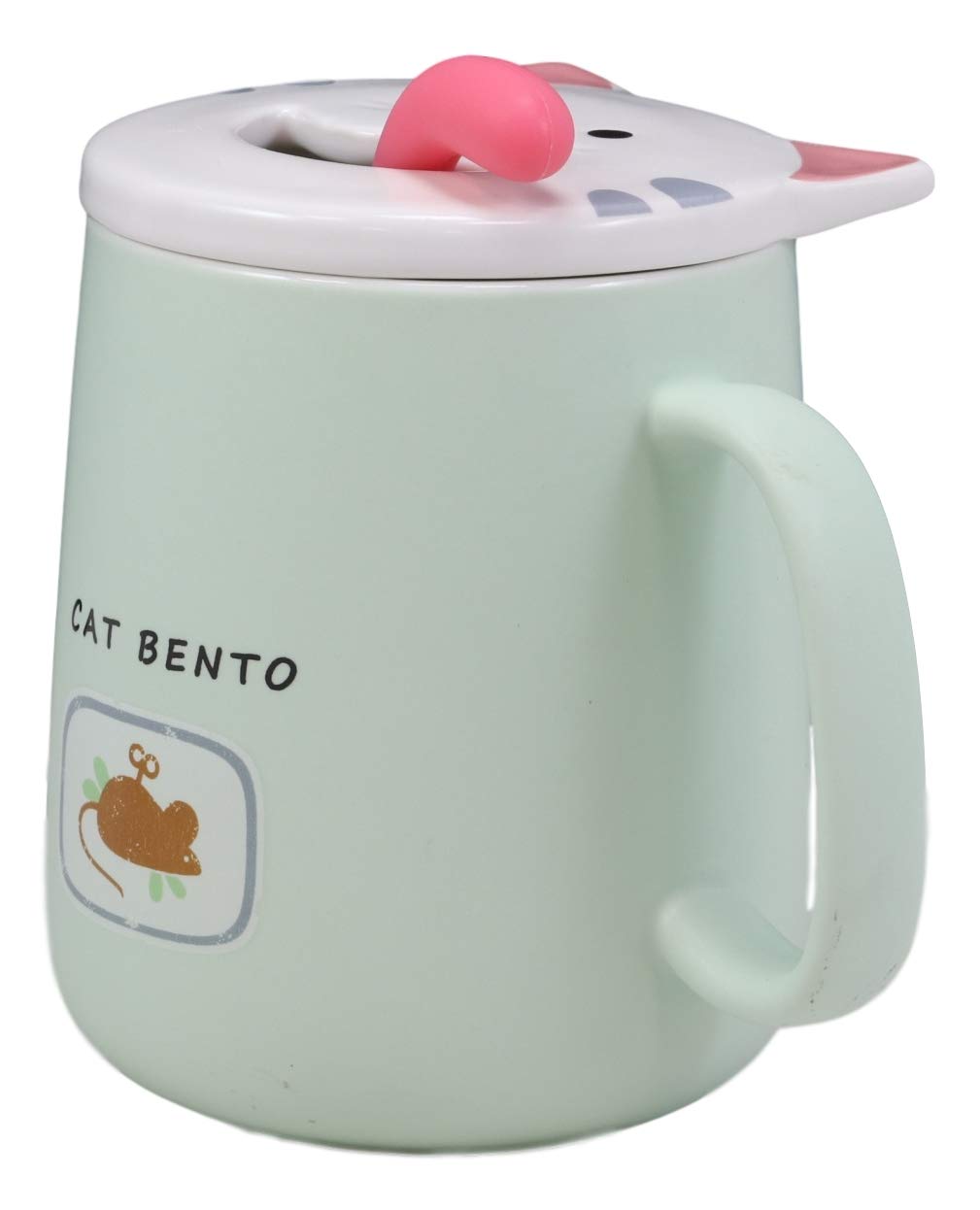 Ebros Whimsical Kitty Cat Bento Porcelain Coffee Tea Mug Drink Cup With Tongue Shaped Handle Spoon And Smiling Face Lid 14oz Kit