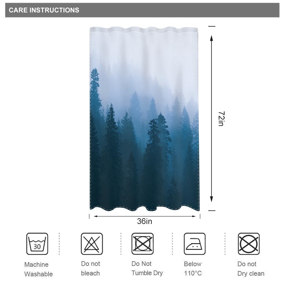 Riyidecor Small Stall Shower Curtain For Bathroom Decor 36Wx72H Narrow Half Rv Nature Blue Mens Misty Tree Mountain Foggy Woodla