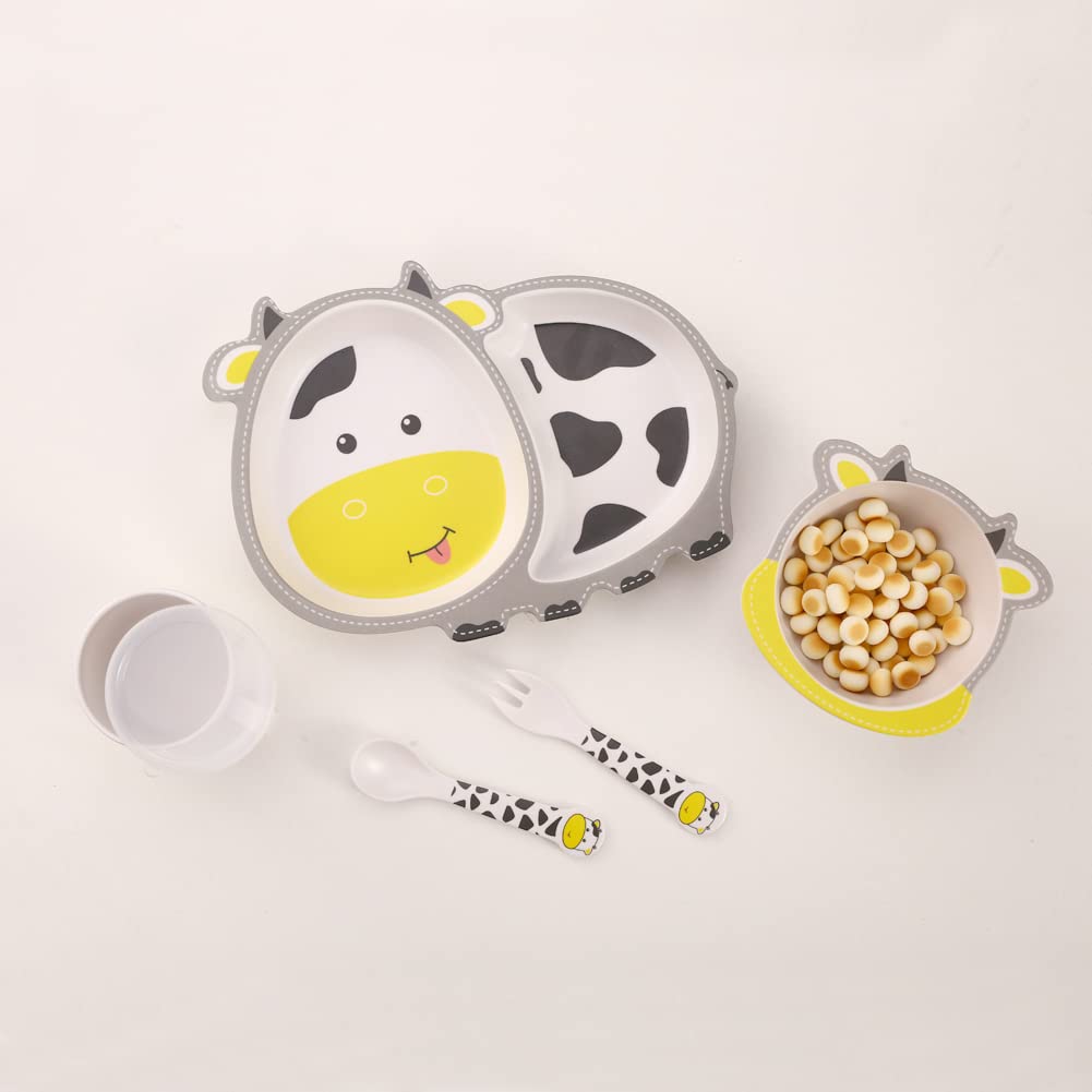 Fekdod Kids Dinnerware Set Bamboo 5 Pcs with Plate Bowl Cup Fork Spoon (Cow)