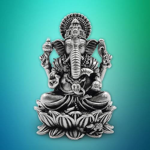 Maa Silver Pure Silver Lord Ganesh/Ganpatiji Semi-Solid Idol/Murti On Lotus/Kamal With Antique Oxidized Finish Perfect For Pooja