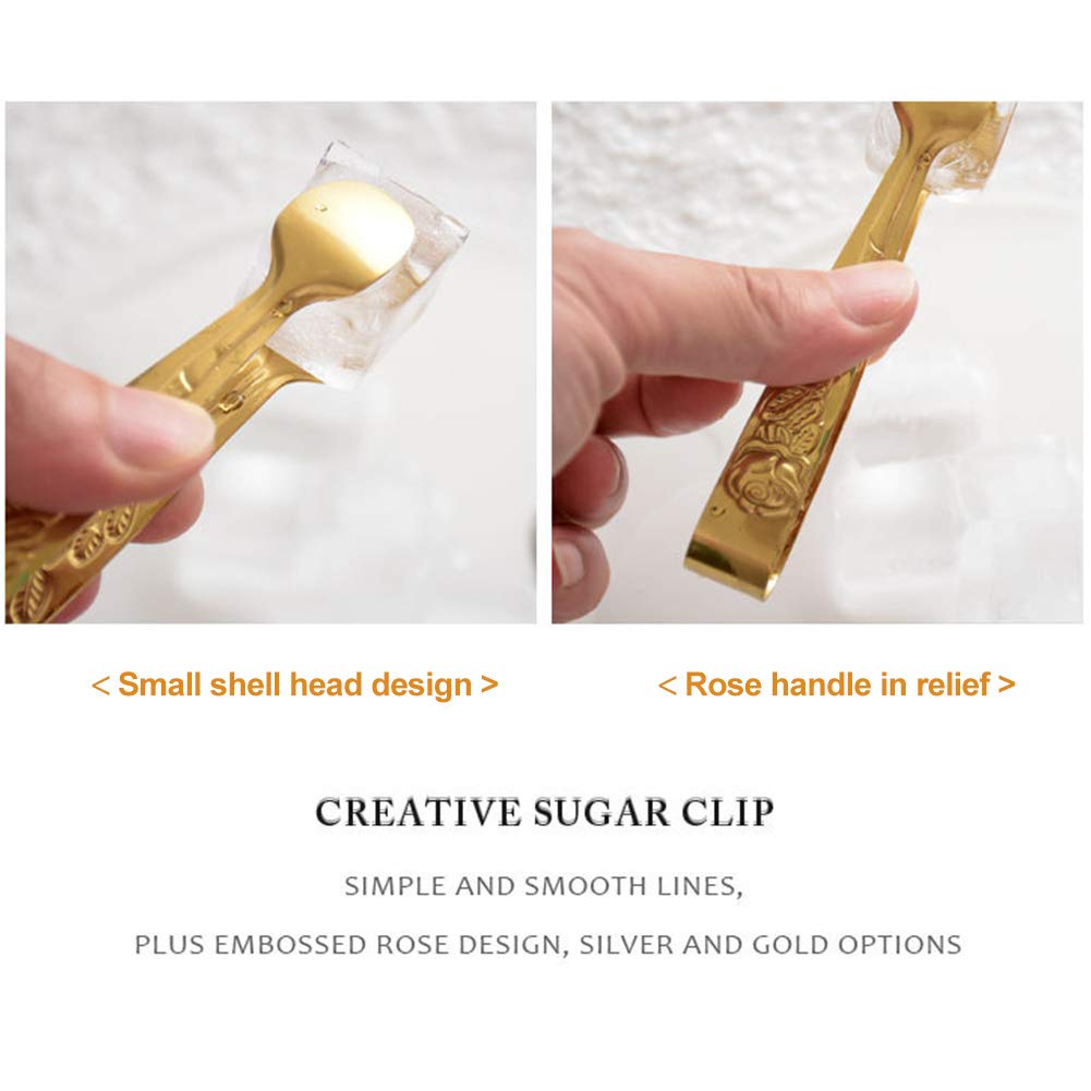 Mini Serving Tongs, 4Inch Rose Pattern Stainless Steel Sugar Cube Tongs, Sliver Small Ice Tongs For Tea And Coffee Party (Gold)