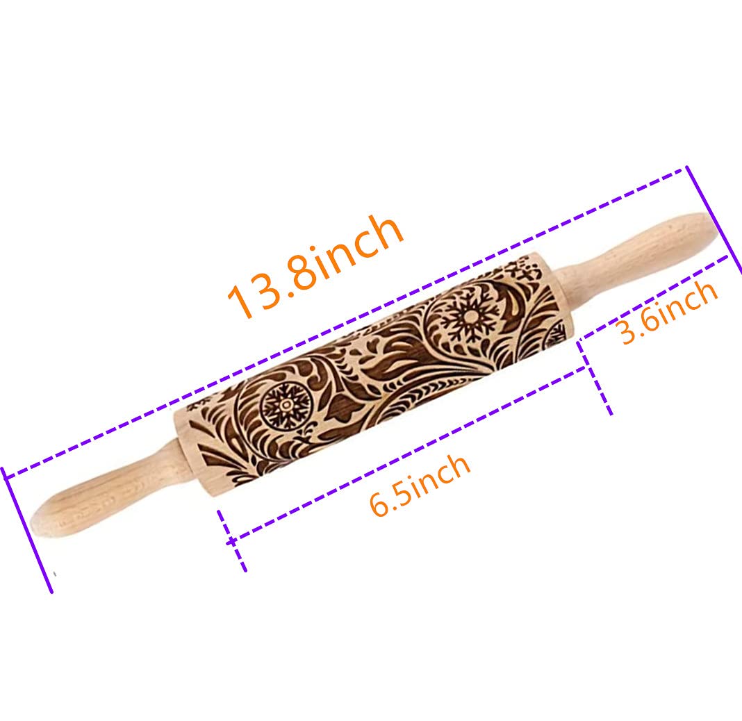 Mizorlie 14.9''Paisley Engraved Embossed Rolling Pin, Christmas Snowflake Flower Pattern, Wooden Laser Engraved 3D Rolling Pin F
