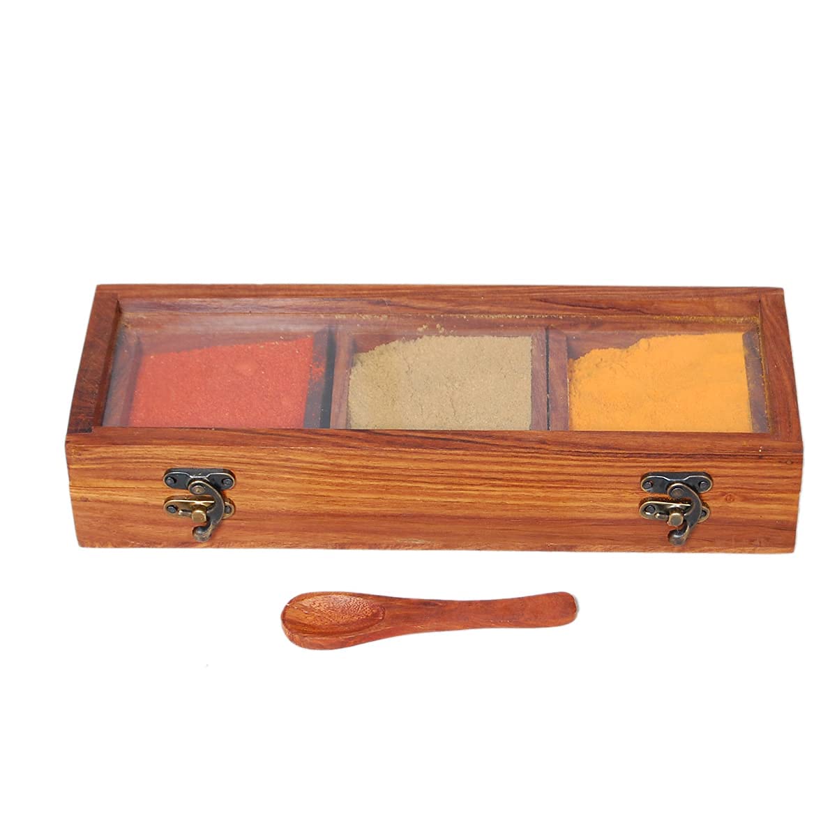 Karaft Wila Wooden Spice Box For Spice Storage  Wooden Masala Dabba For Kitchen  Masala Dabba With 3 Square Box With Wooden Sp
