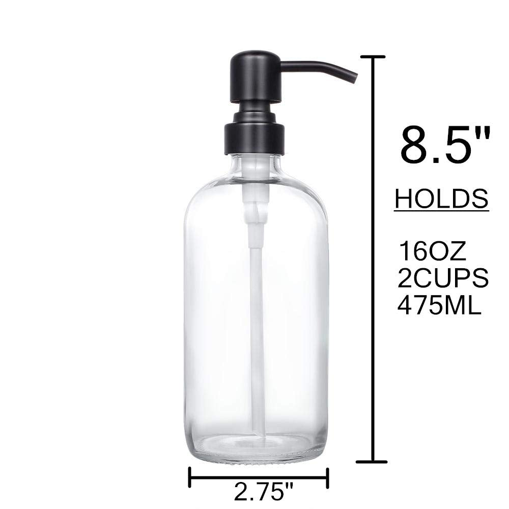 2 Pack Thick Clear Glass Pint Jar Soap Dispenser With Matte Black Stainless Steel Pump, 16Ounce Clear Boston Round Bottles Dispe