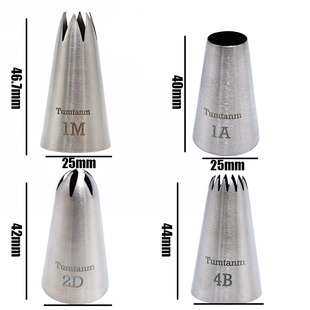 Tumtanm Professional Large Piping Nozzles, 4Pcs Stainless Steel Seamless Icing Piping Nozzle Tip Set For Cakes, Cupcakes And Bak