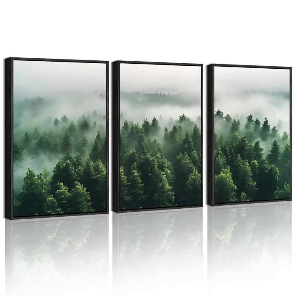 Kuvioke Green Fog Pine Tree Framed Wall Art Nature Nordic Misty Forests Artwork Morden Painting Bedroom Decor 12X16In (Black Fra