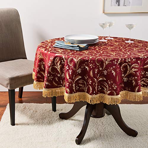 Violet Linen Luxury Damask Floral Design, Polyester Jacquard, With Fringes, Burgundy, 60 Inch Round, Seats 4 Pepole, Tablecloths