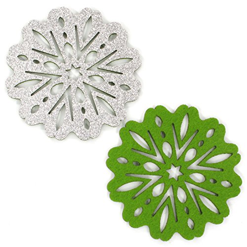 Floral Snowflakes Felt Coasters, Set Of 4 (Silver/Green Reversible)