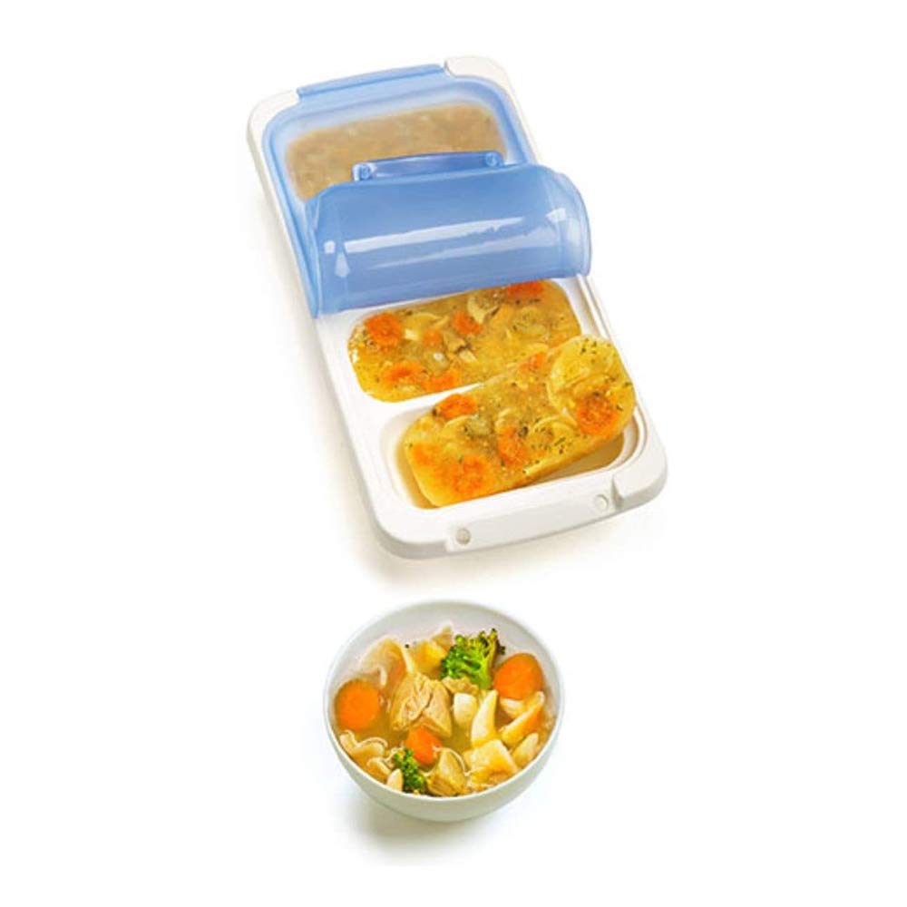 Prepworks Pks-725 Dishwasher Safe 1 Cup 4 Serving Leftover Soup & Food Storage Freezer Pod Tray With Silicone Lid, Blue & White