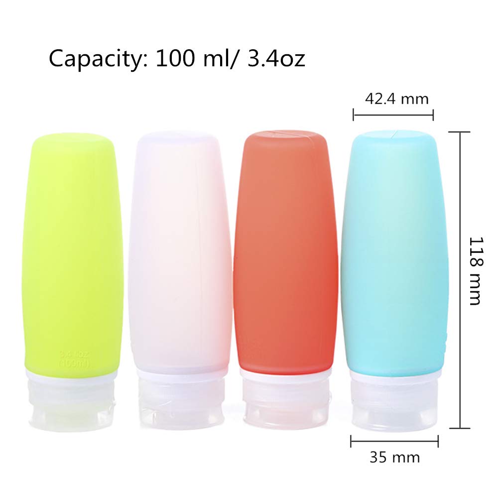 Hubhnb 3.4 Oz 100 Ml Leakproof Silicone Travel Bottles, 4 Pack Portable Refillable Food-Grade Travel Containers