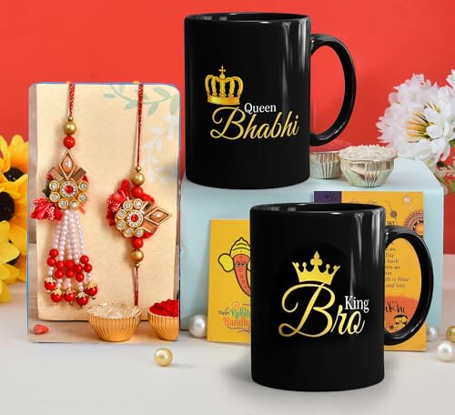 CraftVatika Rakhi for Brother and Bhabhi with Mug Gift Combo, Rakhi with Mug for Bhaiya Bhabhi Rakhi Set of 2, King Bhaiya Queen