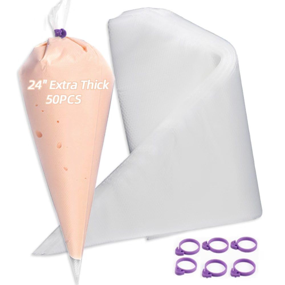 24 Inch Extra Large Piping Bags Disposable,50 Pack Thick Pastry Bags with 6 Bag Ties, Heavy Duty Icing Bags for Frosting,Cream a