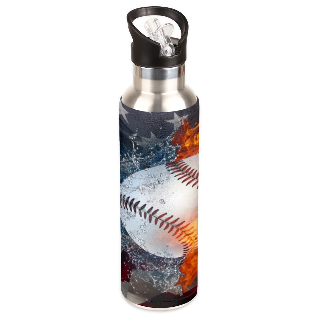 YoCosy Insulated Stainless Steel Water Bottle with Straw 20oz Red Blue Usa Flag Sport Baseball Sports Water Bottles BPA Free Lea