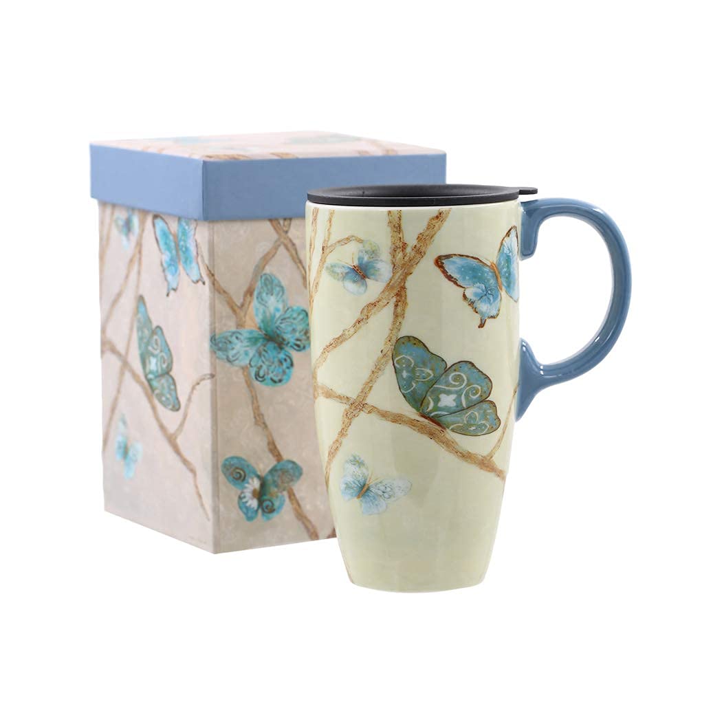 Topadorn Coffee Ceramic Mug Porcelain Latte Tea Cup With Lid 17Oz.,Blue