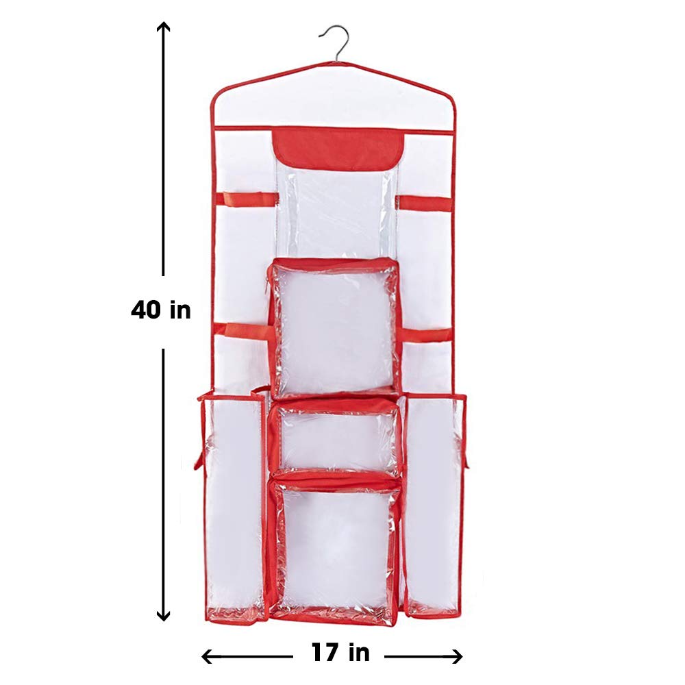 Primode Wrapping Paper Storage Hanging  Gift Wrap Organizer Double Sided  Pockets for Gift Bags  Ribbon  Bows and Accessories  40x17 Fits 40 Inch Rolls  Clear PVC Bag (Red)