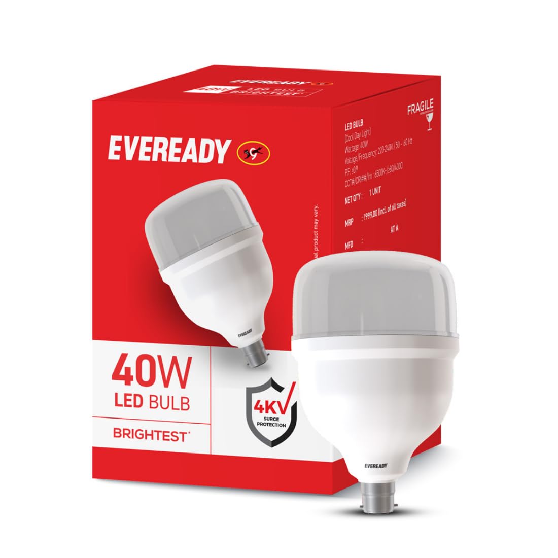 Eveready 40W Led Hammer Bulb With B22 Base, High Cri, 4Kv Surge Protection, Energy Efficient & Long Life  Cool Daylight (6500K)