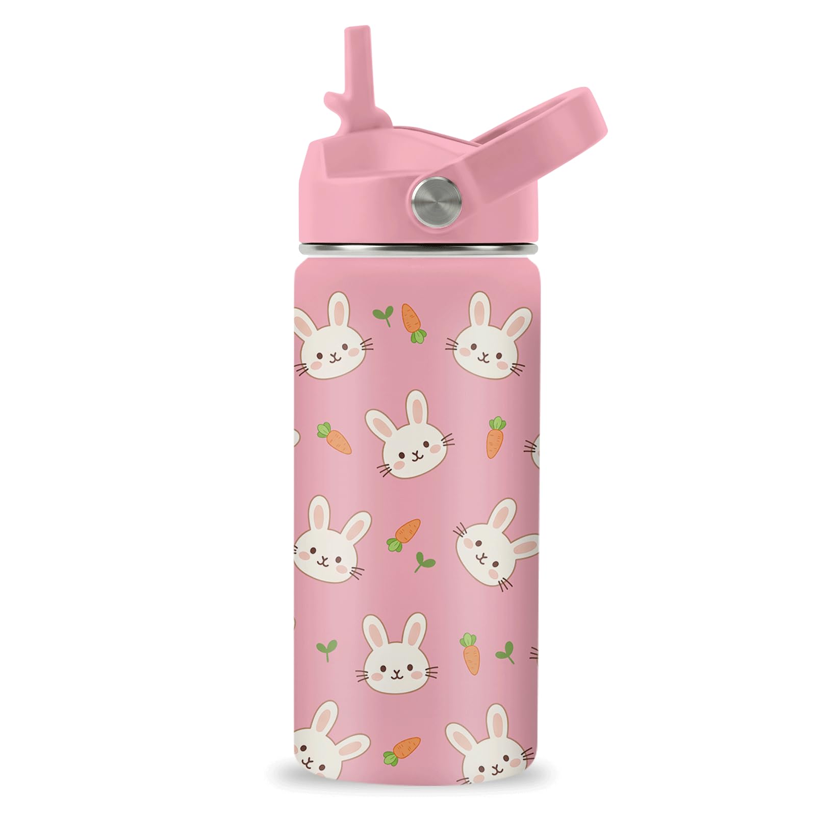 Hiboss Rabbit Water Bottle for Girls, 16oz Kids Water Bottle Stainless Steel Insulated with Straw Lid, Pink Rabbits Travel Cup T