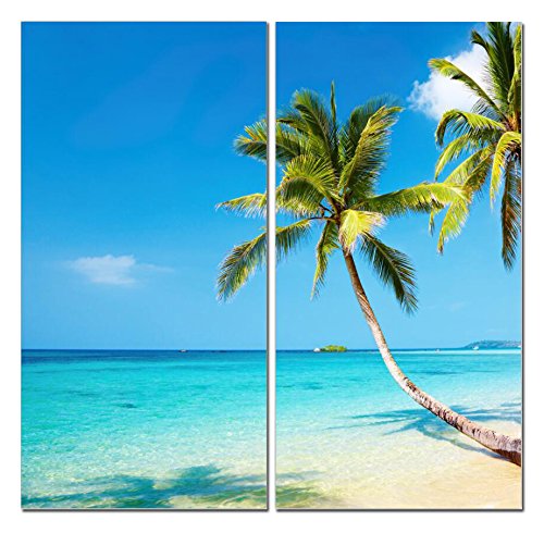 Beach Canvas Wall Art Decor - 2 Piece Set, Decorative Multi Panel Split Prints - Palm Tree Ocean Picture For Living Room, Kitche
