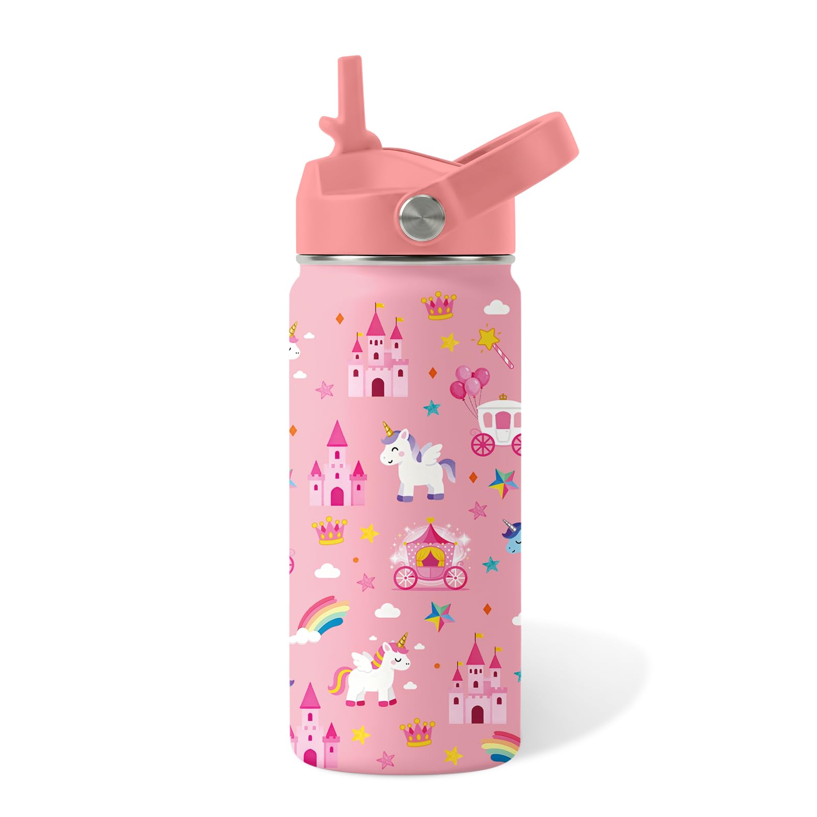 Unicorn Gifts for Girls - 16oz Unicorns Kids Water Bottle with Straw Lid, Stainless Steel Insulated Bottle, Leak Proof, BPA-Free