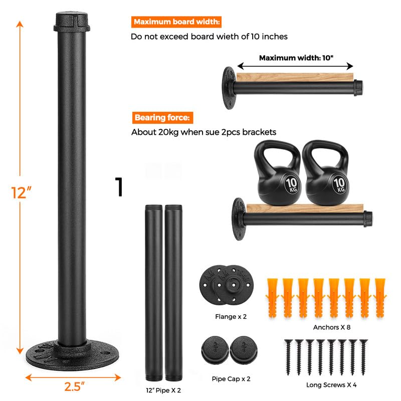 Home Expert 12 Inch Black Industrial Pipe Floating Clothing Rack Wall Mounted, Heavy Duty Garment Rack For Hanging Clothes, Mult