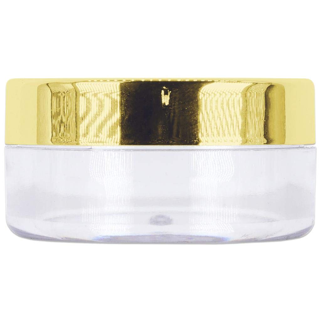 Beauticom 10g/10ml (0.35 Fl Oz) Round Clear Jars with Round Top Lids for Creams  Lotions  Make Up  Powders  Glitters  and more... (Color: Metallic Gold Lid  Quantity: 40 Pieces)