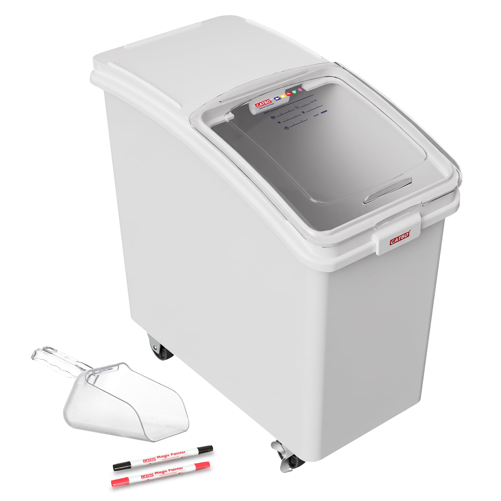 GATBO 28 Gal Commercial Mobile Ingredient Bin with Scoop, Heavy Duty Food Storage Container with Clear Sliding Lid for Flour, Ri