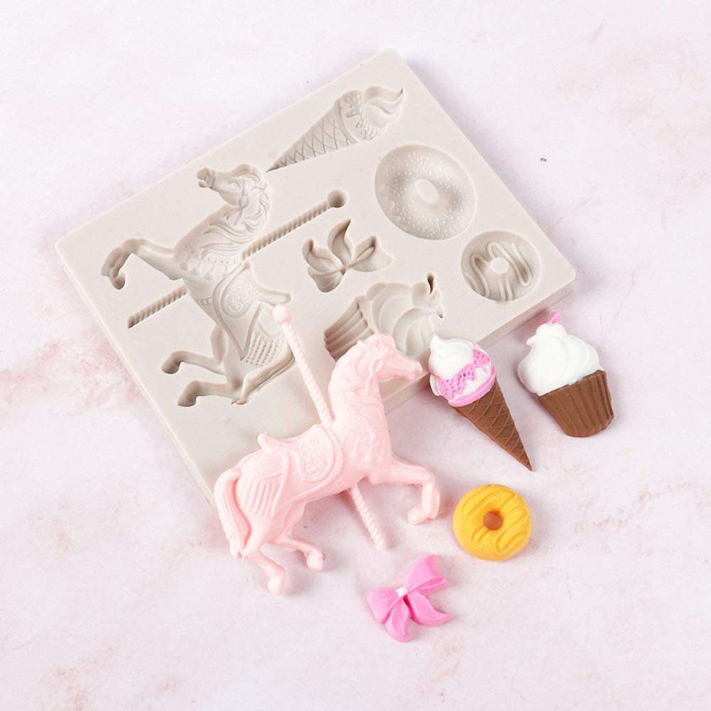 Carousel Horse Silicone Fondant Mold Merry Go Round Ice Cream Doughnut Chocolate Candy Mold For Boy Girl Baby Shower Carousel Pa
