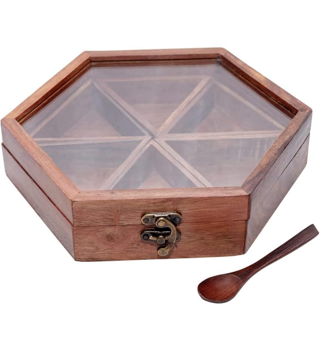 SNOWGREEN EXPORT Wooden Hexagonal Spice Box with Glass Lid, 6 Compartments, Brass Latch, Includes Wooden Spoon