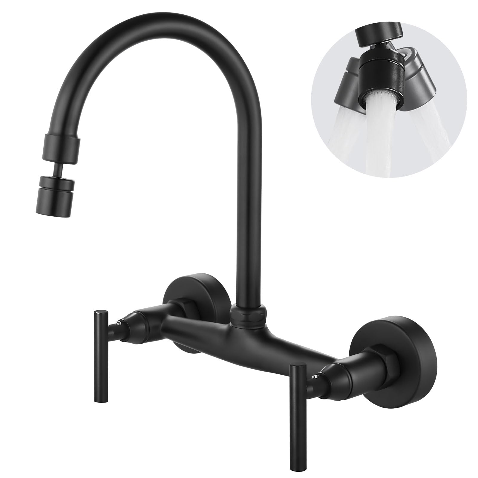 Airuida Wall Mount Kitchen Sink Faucet Matte Black Wall Mounted Kitchen Faucets 8 Inch Center Double Handles 360 Degree Swivel S