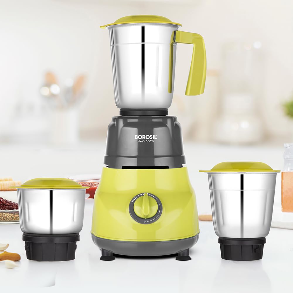 Borosil Max 500 W Mixer Grinder | Wet & Dry Mixing, Grinding & Blending | 3 Jars With Pp Lid (1.2 L Blending, 0.8 L Grinder, 0.4