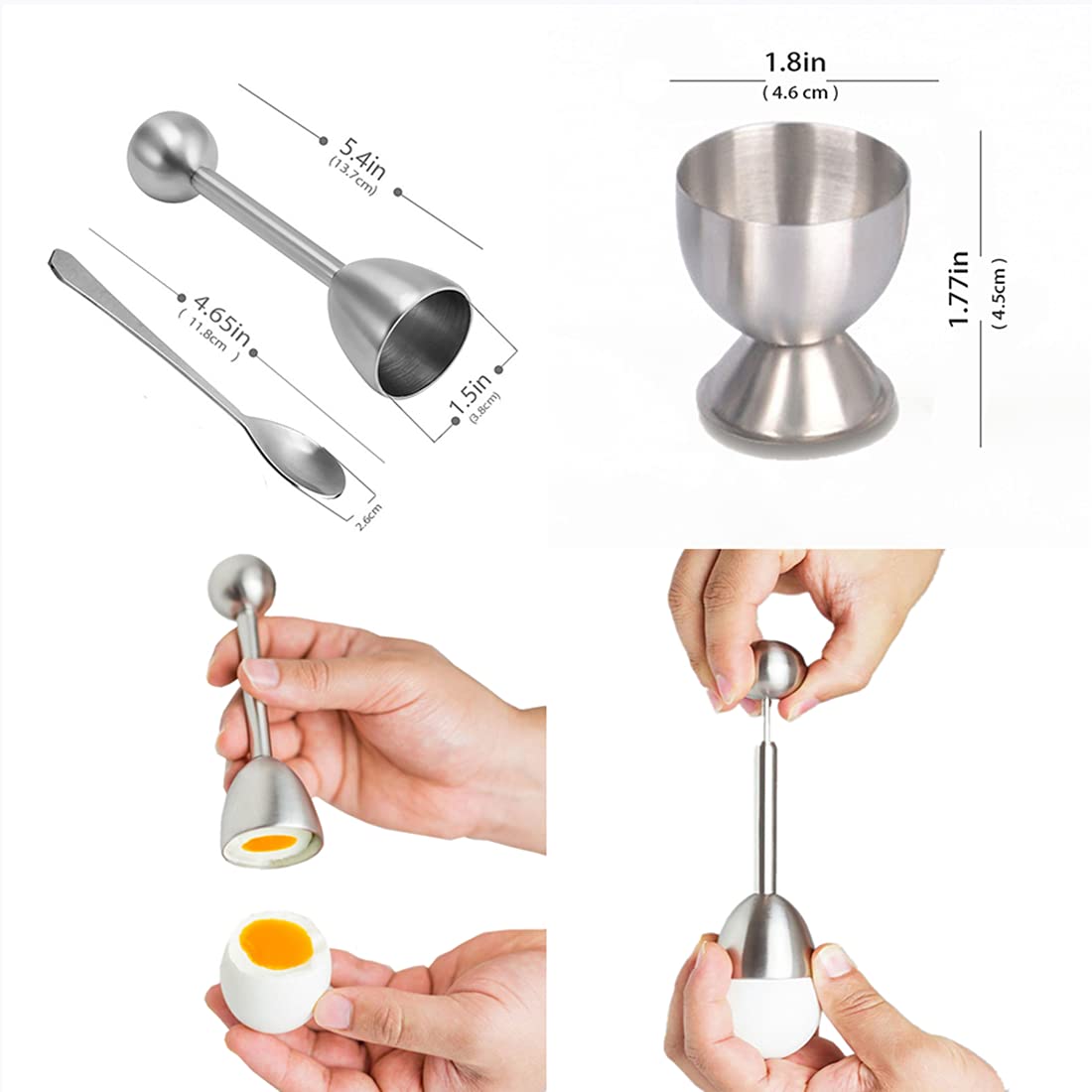 Xicennego Egg Cracker Topper Set - 5 Piece Stainless Steel Set with 2 Cups, 2 Spoons, and 1 Cutter - Silver