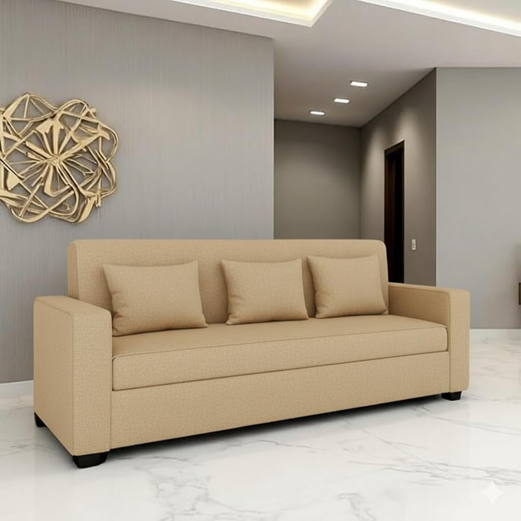 Handwood Furniture 3 Seater Fabric Sofa For Living Room And Office | Modern Fabric Upholstered 3 Seater Fofa  Cream