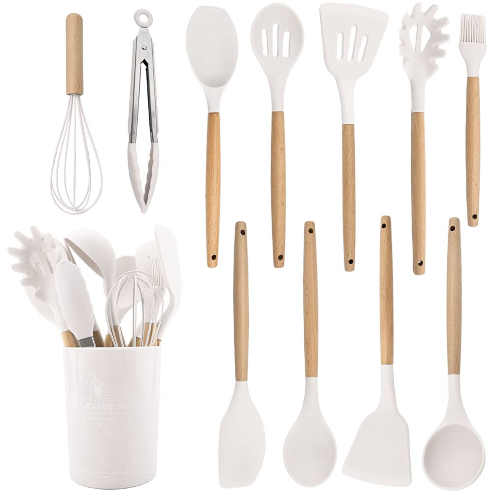 Briiec 11Pcs White Silicone Cooking Utensil Set With Holder Storage Bucket, Nonstick Wooden Handle Silicone Kitchen Gadgets Uten