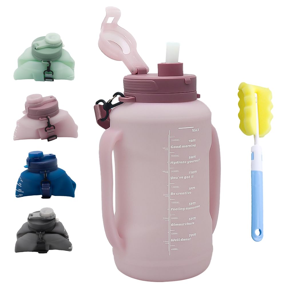 LELExilan 64oz Collapsible Silicone Water Bottle with Straw, BPAFree,Foldable Water Jug with Handle for Gym, Hiking, Camping,Fi