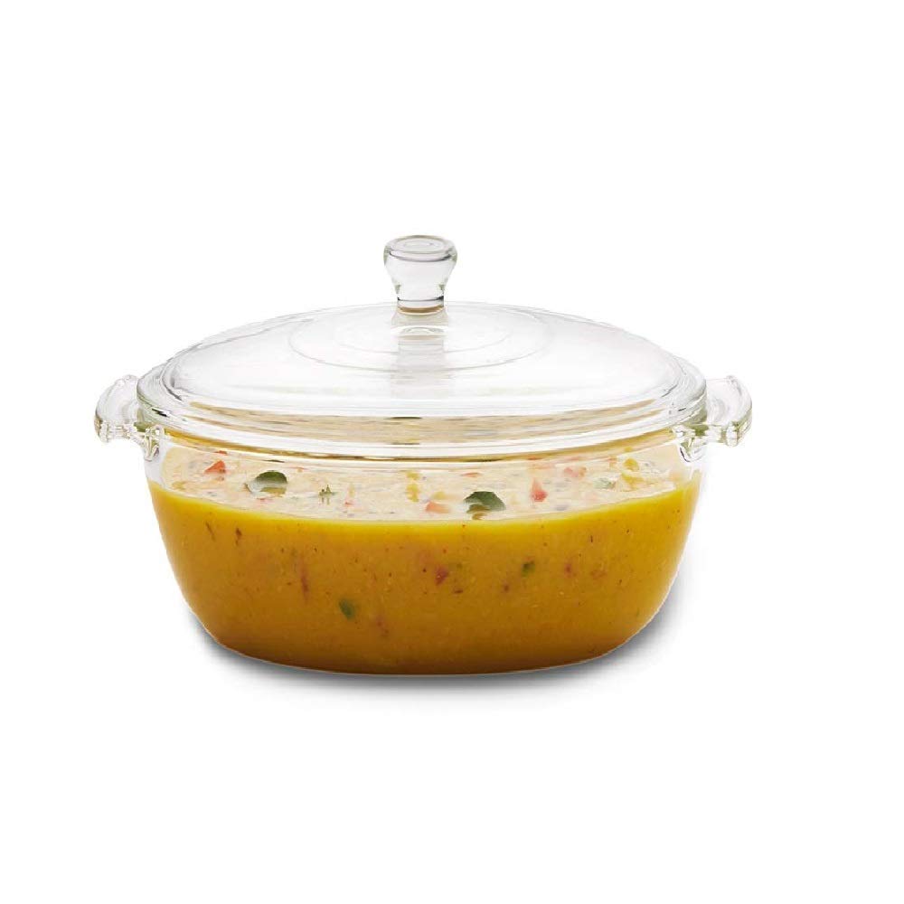 Cynflees 1 Litre Glass Serving Bowl With Lid | Oven Microwave Safe Casserole | Mixing Pottery For Snacks Cake Cereal Rice Sambar
